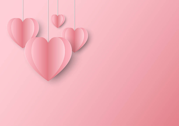 Cute pastel paper hearts hang on top on pink background - ベクター画像