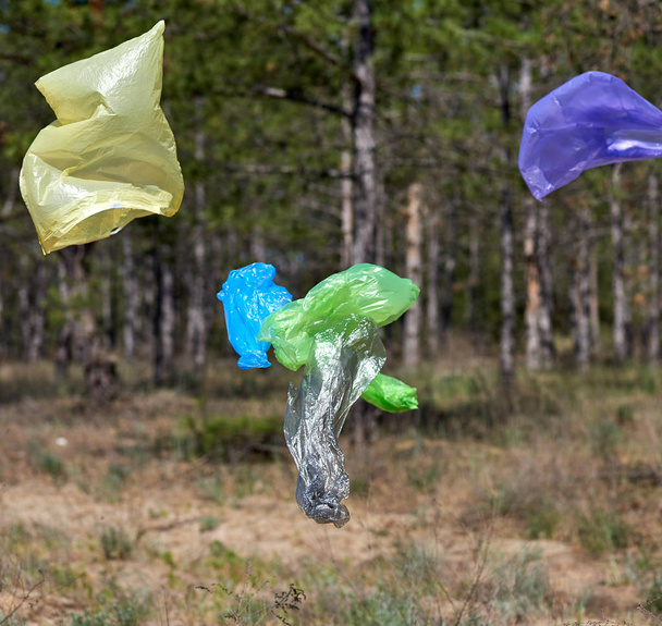 empty plastic garbage bags fly in nature, concept of environmental pollution by waste - Photo, Image