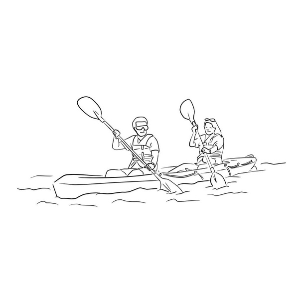 Erkek ve kadın bir tekne vektör çizimi kürek çekiyorlar beyaz arka planda izole bir şekilde çizilmiş karalama el. - Vektör, Görsel