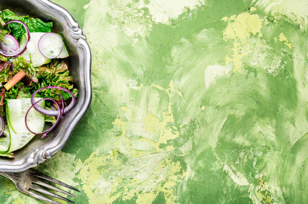 Fresh salad plate with mixed greens.Rhubarb salad.Vegetarian spring salad - Foto, Imagem