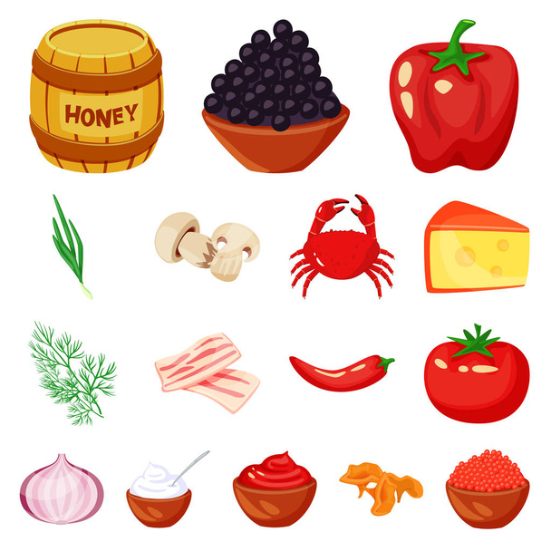 Vektorový design jídla a příchutů. Kolekce ikon pro potraviny a složky pro populaci. - Vektor, obrázek