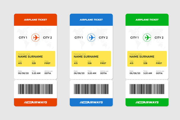 Ρεαλιστικό πρότυπο σχεδιασμού καρτών επιβίβασης αεροπορικού εισιτηρίου με όνομα επιβάτη πρώτης θέσης και barcode. Αεροπορικές μετακινήσεις με κάθετη απεικόνιση διανύσματος εγγράφου αεροπλάνου - Διάνυσμα, εικόνα