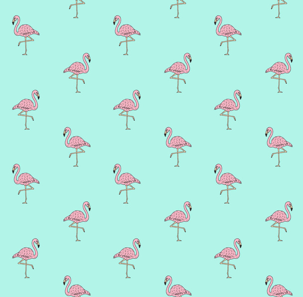 Vector seamless pattern of hand drawn doodle sketch pink flamingo isolated on mint background - Vektori, kuva
