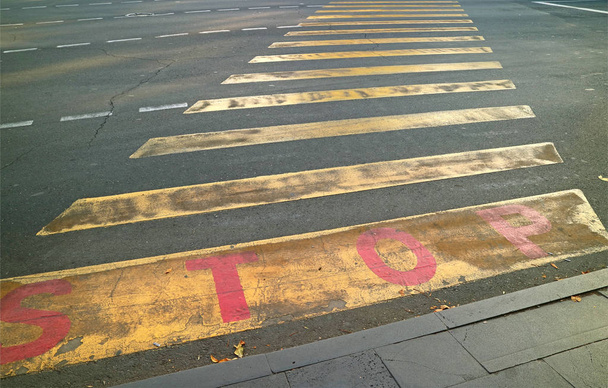 Yellow Stripes Crosswalk with the word STOP on the Street of Downtown Yerevan, Armenia - Photo, Image