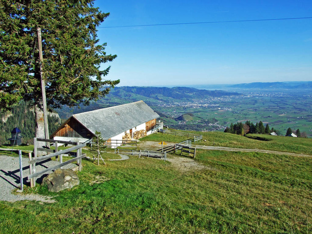 Architecture rurale traditionnelle et élevages sur les pentes de la chaîne de montagnes Alpstein et dans la vallée du Rhin (Rheintal), Oberriet SG - Canton de Saint-Gall, Suisse
 - Photo, image