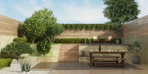 Garden on two levels with old dininig table, wooden bench and small pool on backgrround - 3d rendering - Fotó, kép