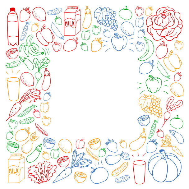 Vector pattern with healthy food. Fruits and vegetables. Milk, dairy products. Pattern for store, mall, menu, cafe, restaurants. - Vettoriali, immagini