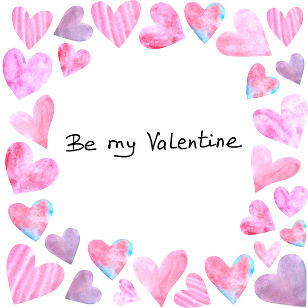 Sei mein Valentinstag. Rahmen aus rosa Aquarellherzen. Hintergrundvorlage zum Valentinstag, Grußkarten, Liebeserklärungen, Web - Foto, Bild