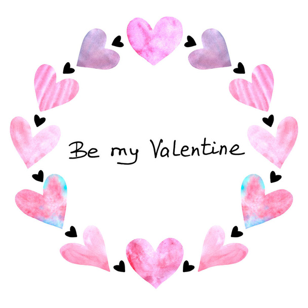 Be my Valentine. Frame of pink watercolor hearts. Background template for Valentine's Day, greeting cards, declarations of love, web - Foto, afbeelding