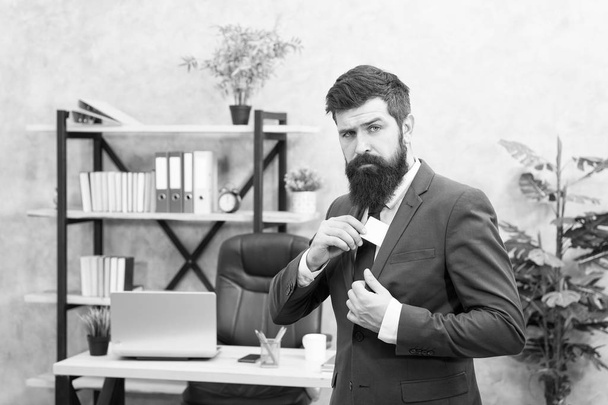 Banking services. Guy formal suit stand in office. Businessman hold blank card. Finance and accounting. Easy and quick payment. Bank card. Financial support. Bearded hipster top manager hold card - Fotografie, Obrázek