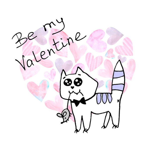 Sé mi Valentine. Simple gato contorneado lindo con un ratón en sus dientes. Regalo para tu favorito. Doodle. Para postal, logotipo, insignias, papelería, web
 - Foto, imagen