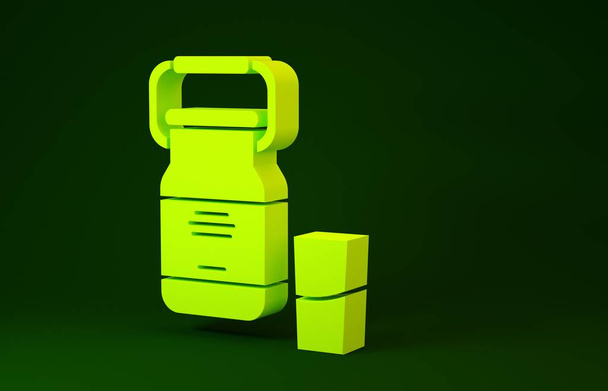 Conteneur boîte jaune pour le lait et icône en verre isolé sur fond vert. Concept de minimalisme. Illustration 3D rendu 3D
 - Photo, image