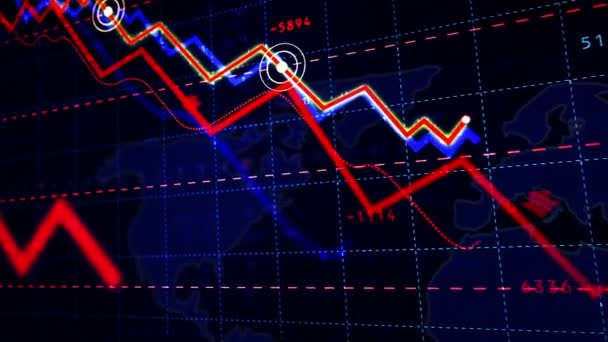 Global business decline, crisis and stock markets down with dynamic chart on blue background. Concept of financial stagnation, recession, crash and economic collapse. Downward trend 3d animation. - Footage, Video