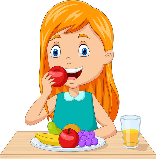 Vektor illusztráció a kislány eszik gyümölcsöt az asztalnál  - Vektor, kép
