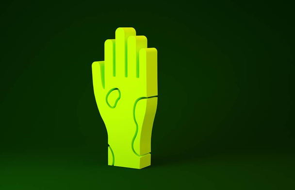 Sárga kéz pikkelysömör vagy ekcéma ikon elszigetelt zöld alapon. Fogalom az emberi bőr válasz allergén vagy krónikus test probléma. Minimalizmus koncepció. 3d illusztráció 3d render - Fotó, kép