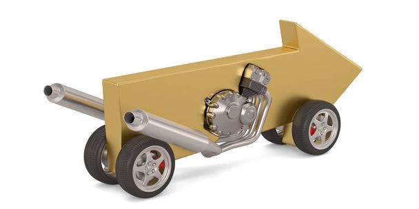 Financieel concept motor pijl op wielen. 3d illustratie. - Foto, afbeelding