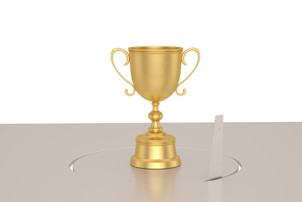 Golden trophy with cutting saw, 3D rendering - Photo, image