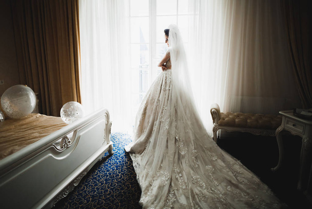 Retrato de belleza de la novia con vestido de novia de moda con plumas con maquillaje y peinado de lujo deleite - Foto, Imagen