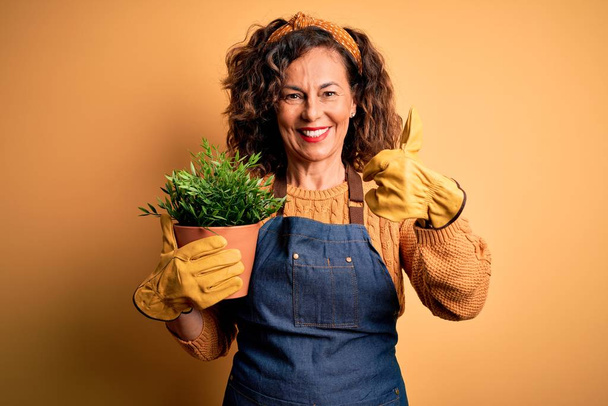 Middelbare leeftijd tuinman vrouw dragen schort holding plant pot over geïsoleerde gele achtergrond blij met grote glimlach doet ok teken, duim omhoog met vingers, uitstekend teken - Foto, afbeelding