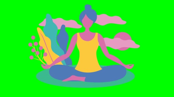 Девушка занимается йогой сидя в позе лотоса. Девушка медитирует. Современная концепция дизайна йоги. Яркая иллюстрация движения выделена на зеленом фоне
. - Кадры, видео