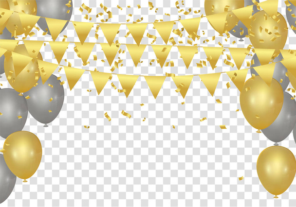 Ballons d'or, confettis et banderoles sur fond blanc. Vecto
 - Vecteur, image