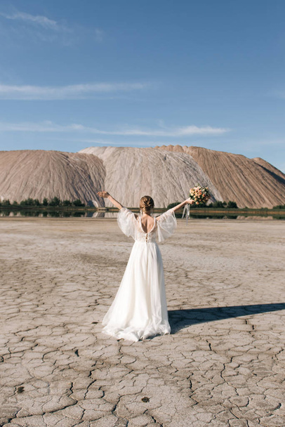 Beautiful elegant bride on the background of salt sand quarries - Zdjęcie, obraz
