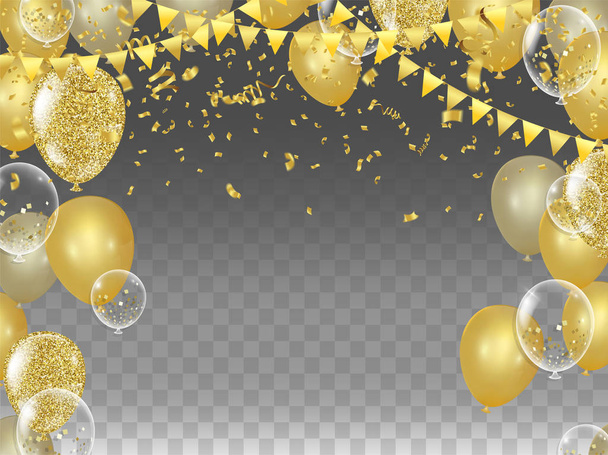 Ilustración de globos de fiesta vectorial. Confetti y cintas bandera ri
 - Vector, imagen