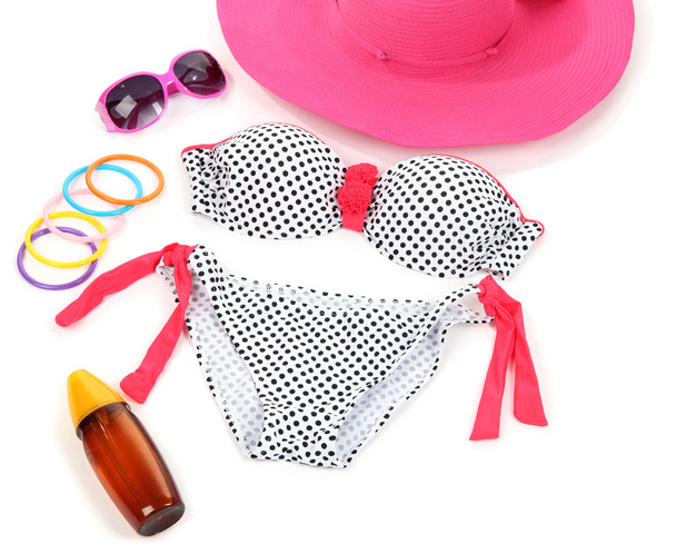 Swimsuit and beach items isolated on white - Fotografie, Obrázek