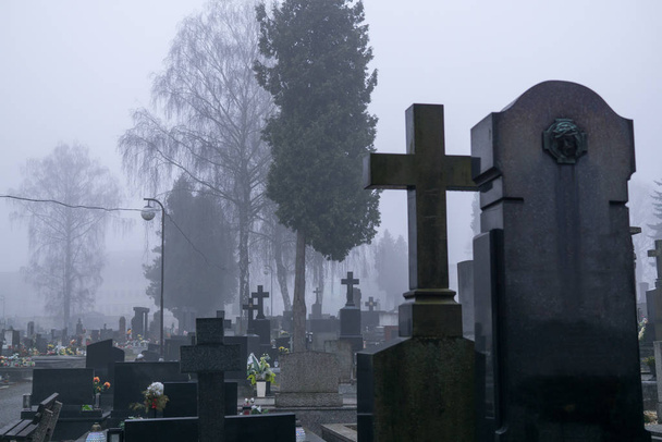 墓地の上の霧。一日の撮影 - 写真・画像