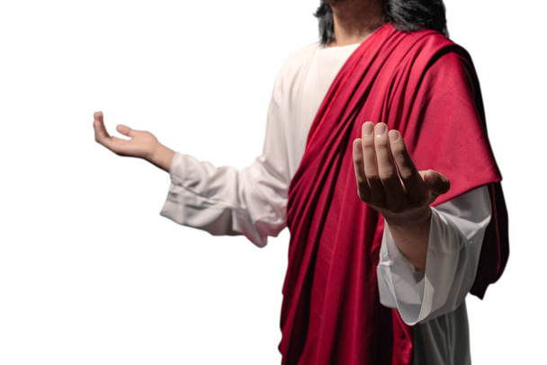 Jesus christ raised hands with open palms and praying to god posing isolated over white background - Photo, Image