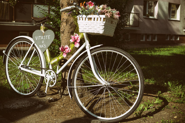 花や草のあるヴィンテージ自転車 - 写真・画像