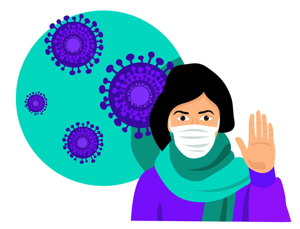 Coronavirus in Cina. Romanzo coronavirus (2019-nCoV), maschera viso medico donna. Una persona ha l'influenza o il raffreddore. illustrazione. Il virus in Cina. Illustrazione dello stock vettoriale piatto. Fermare la polmonite
. - Vettoriali, immagini