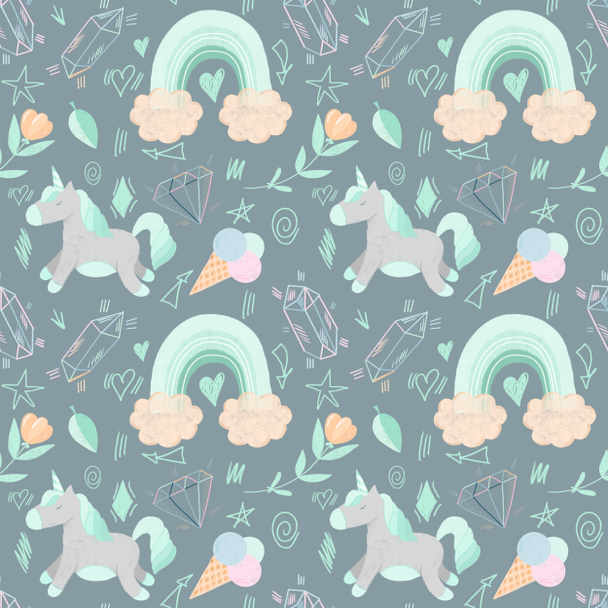 Naadloos patroon met met de hand getekende eenhoorns, kristallen en regenbogen in mint pastel kleuren op donkerblauwe achtergrond - Foto, afbeelding