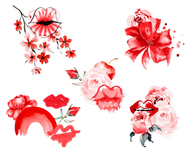 Watercolor ρομαντικό σετ με χείλη και τριαντάφυλλα κλιπ, ρυθμίσεις, ανθοδέσμες. Μεγάλη για γάμο, ημέρα του Αγίου Βαλεντίνου, πρόταση γάμου, δώρο - Φωτογραφία, εικόνα