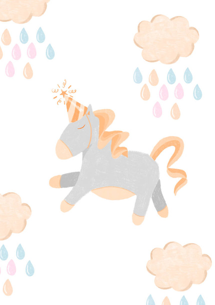 Hand drawn unicorn and rainy clouds in warm pastel colors, nursery poster design, birthday card template for girls - Photo, Image