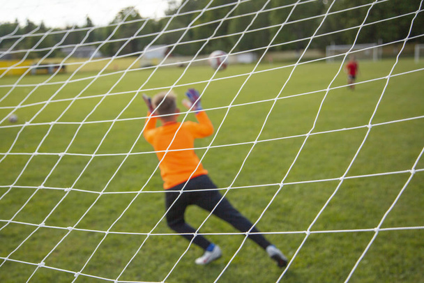 Goalkeeper catches the ball. Goal net in focus. Sports competition. Children's football on the field. Physical development. Children's sport. Sleight of hand. Ball Championship. - Zdjęcie, obraz