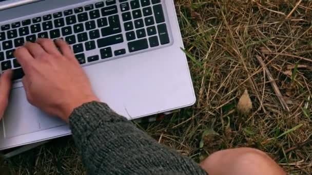 公園の芝生の上でノートパソコンをタイプするトップビューの男。オンライン教育。フリーランスの仕事 - 映像、動画