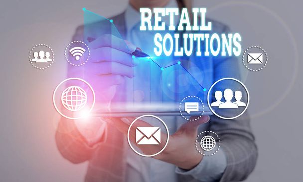 Kelime yazma metni Retail Solutions. Daha fazla satış ve müşteri memnuniyetini destekleyen iş fotoğrafı gösterme süreci - Fotoğraf, Görsel