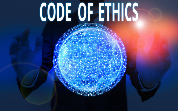 Woord schrijven tekst Code of Ethics. Zakelijke foto presentatie basisgids voor professioneel gedrag en legt plichten Elementen van dit beeld geleverd door NASA - Foto, afbeelding