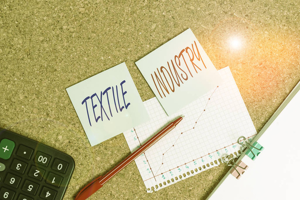 Notatka opisująca przemysł tekstylny. Koncepcja biznesowa produkcji i dystrybucji przędzy tkaniny i odzieży Notatnik biurkowy papier biurowy tektura studium dostaw wykres - Zdjęcie, obraz