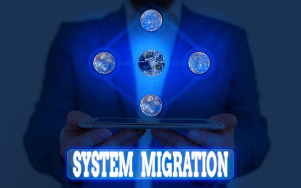 Text sign showing System Migration. Business photo showcasing moving from the use of one operating environment to another Elements of this image furnished by NASA - Photo, Image