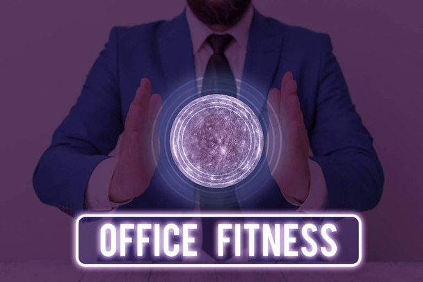 Text sign showing Office Fitness. Business photo text Encouraging fitness and balance lifestyle in the workplace Elements of this image furnished by NASA - Photo, Image