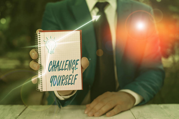 Text sign showing Challenge Yourself. Business photo text opportunity to be part of something bigger than ourselves - Foto, Imagem