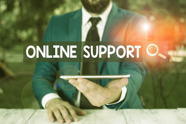Text sign showing Online Support. Business photo showcasing electronic usually webbased version of customer service Businessman with mobile phone in his hand - Photo, Image