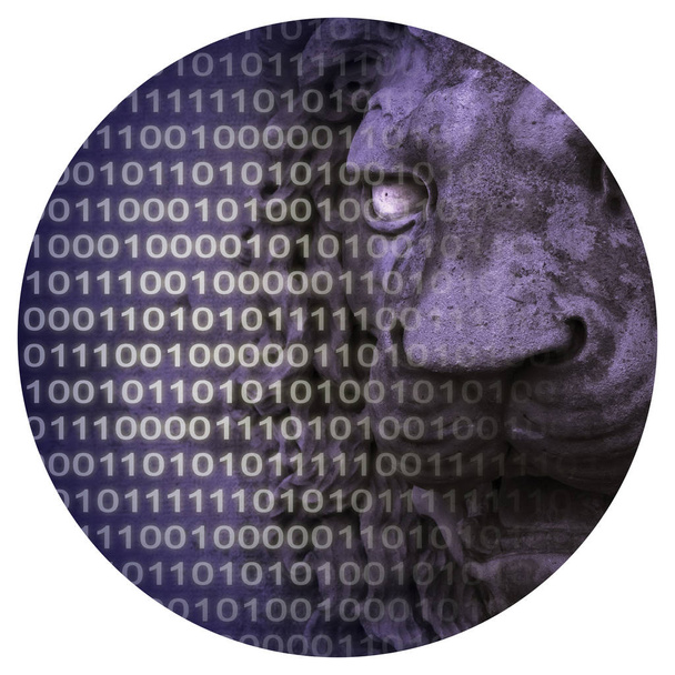 Proteja sus datos. Imagen conceptual con cabeza de león medieval y cubo
 - Foto, Imagen