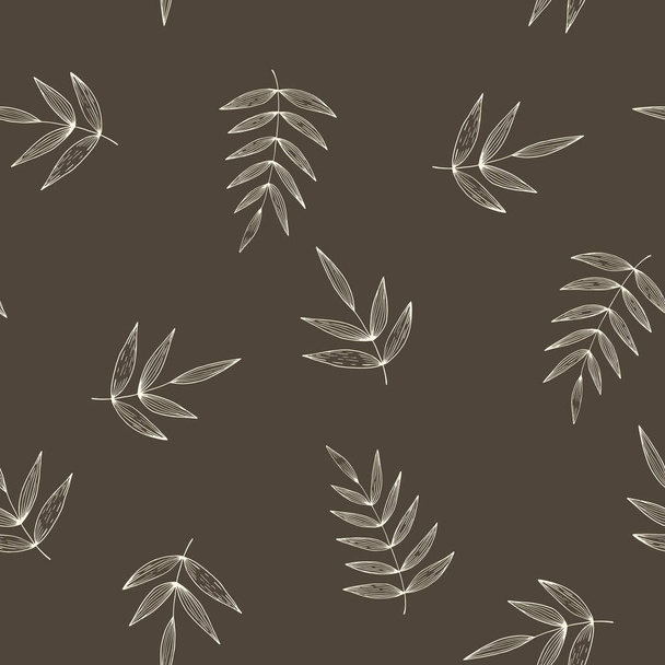 Floral seamless pattern with branches on brown background. Ornament with tropic leaves. Vector illustration for fabric, textile, wallpaper, posters, paper. Fashion print. Doodle style.  - Vector, Imagen