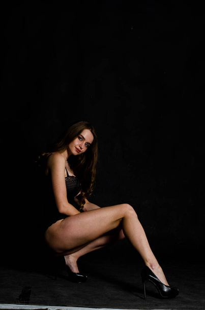 High sexy brunette lingerie studio portrait - Foto, imagen