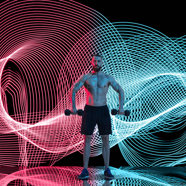 Creative sport and neon waves on dark neon lighted line background - Foto, Imagem