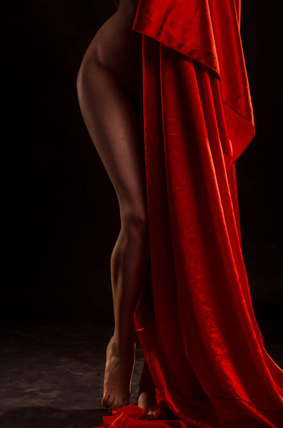赤い絹と黒い背景のきれいな足 - 写真・画像