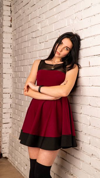 Hübsche junge sexy Model-Hündin mit dunklen Haaren in rotem Kleid posiert im dunklen Studio. - Foto, Bild